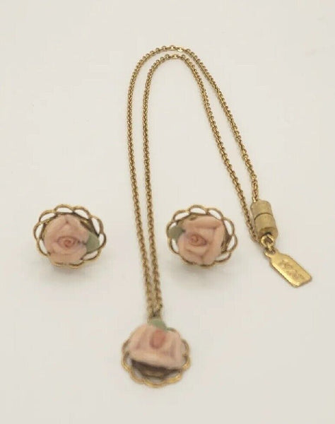 1928 Jewelry Porcelain Rose 17" Necklace & Earrings PB75/2