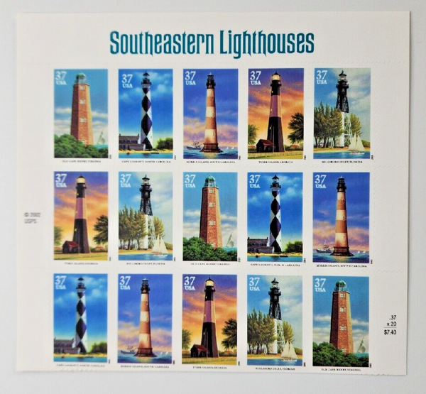 2002 USPS Stamp 20 per Sheet Southeastern Lighthouses MMH B9