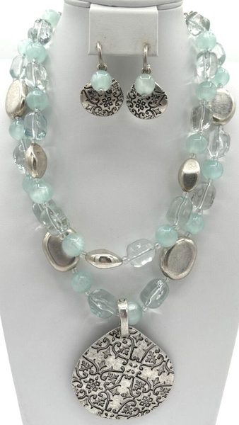 Premier Designs Silver Tone & Blue Chunky Beaded Necklace & Earrings Set PB74