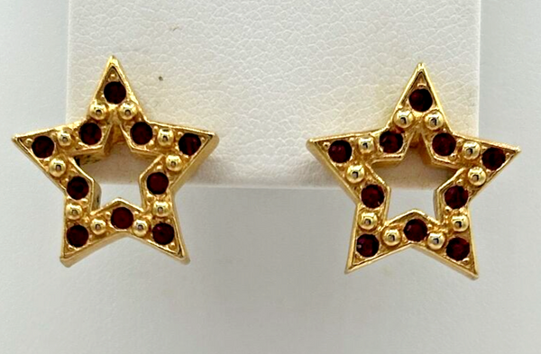 Vintage Avon Sparkle Star Earrings Red Rhinestones Gold Tone SKU PB78