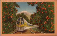 The Streamliner Passing Through A California Orange Grove Postcard PC386