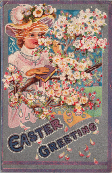 Easter Greeting Vintage Embossed Silver Detailed Postcard PC405