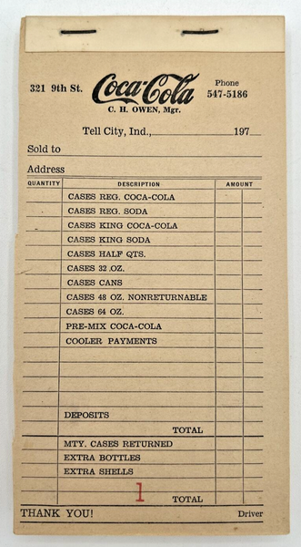 Vintage Coca Cola Salesman Tell City Ind Coke 1970 Receipt Book NOS PB1