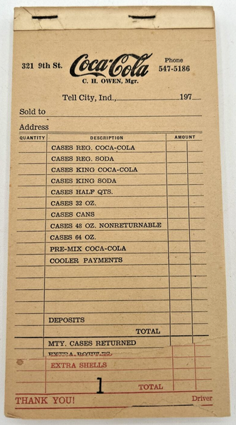 Vintage Coca Cola Salesman Tell City Ind Coke 1970 Receipt Book NOS PB1/1