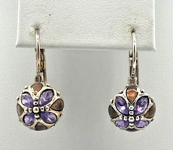 Silver Tone and Purple Floral Design Earrings PB78