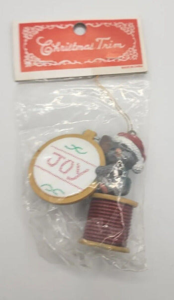 Vintage Christmas Trim Santa mouse with joy needlepoint Ornament U236