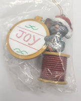 Vintage Christmas Trim Santa mouse with joy needlepoint Ornament U236