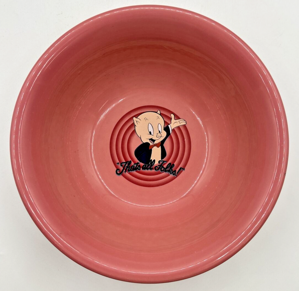 Vintage Fiesta Ware 1994 Looney Tunes Porky Pig 9" Pink Bowl "That's all Folks"