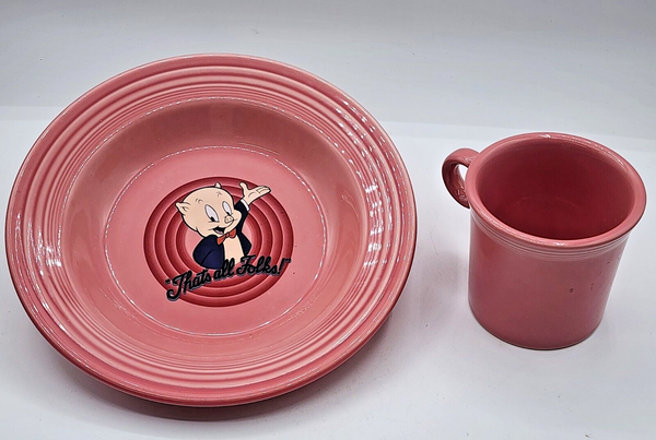 Fiesta Ware 1994 Looney Tunes Porky Pig 9" Bowl "That's all Folks" & Pink Mug