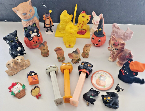 Vintage Black Cats Cats Critters  Huge Lot Pins figures  Candles Statues