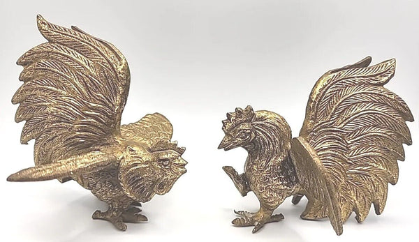 VTG Rare Pair of Brass Bronze Fighting Rooster Statues Figurines Art U141